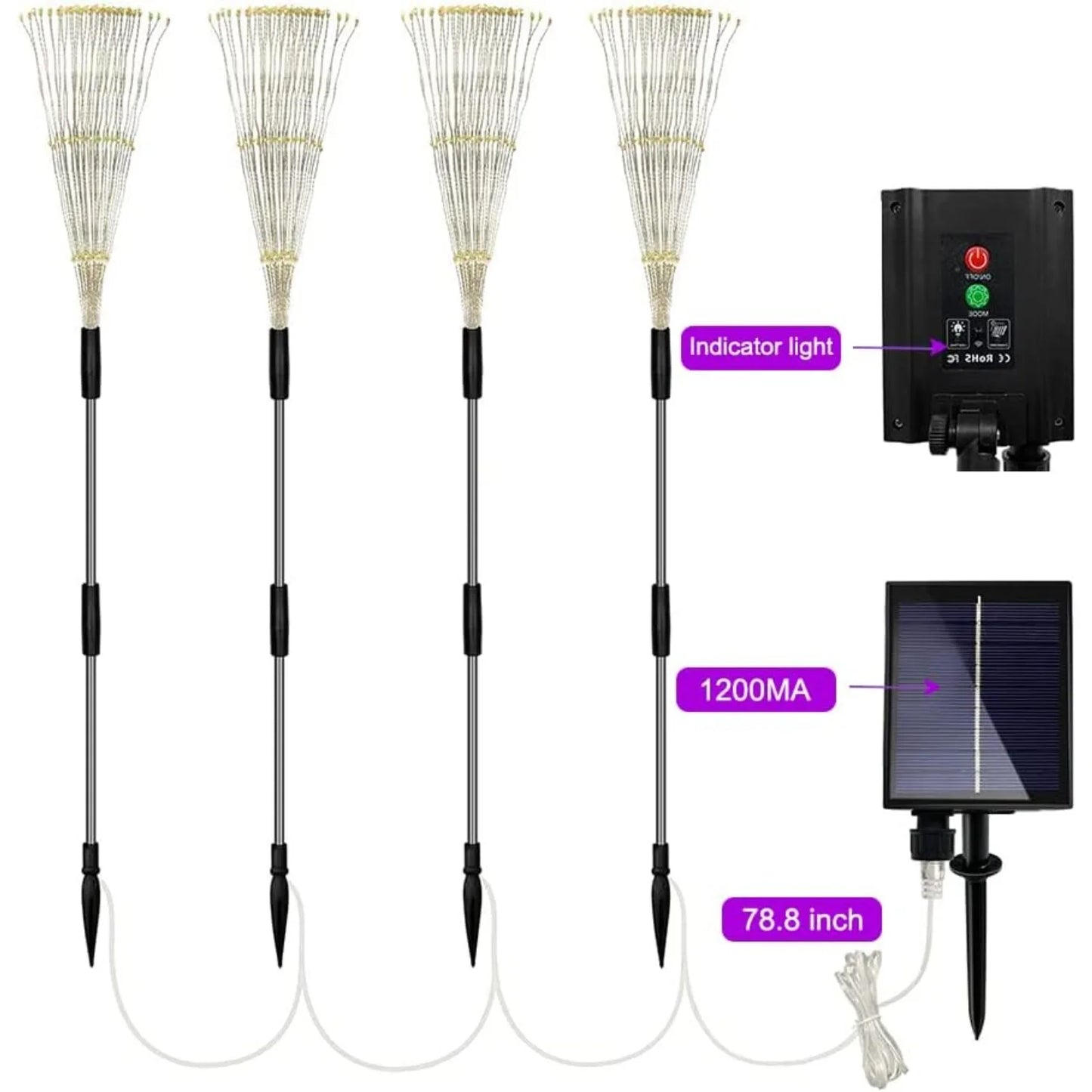 4 Pack Solar Firework string Lights - Waterproof, 8 Modes w/Remote