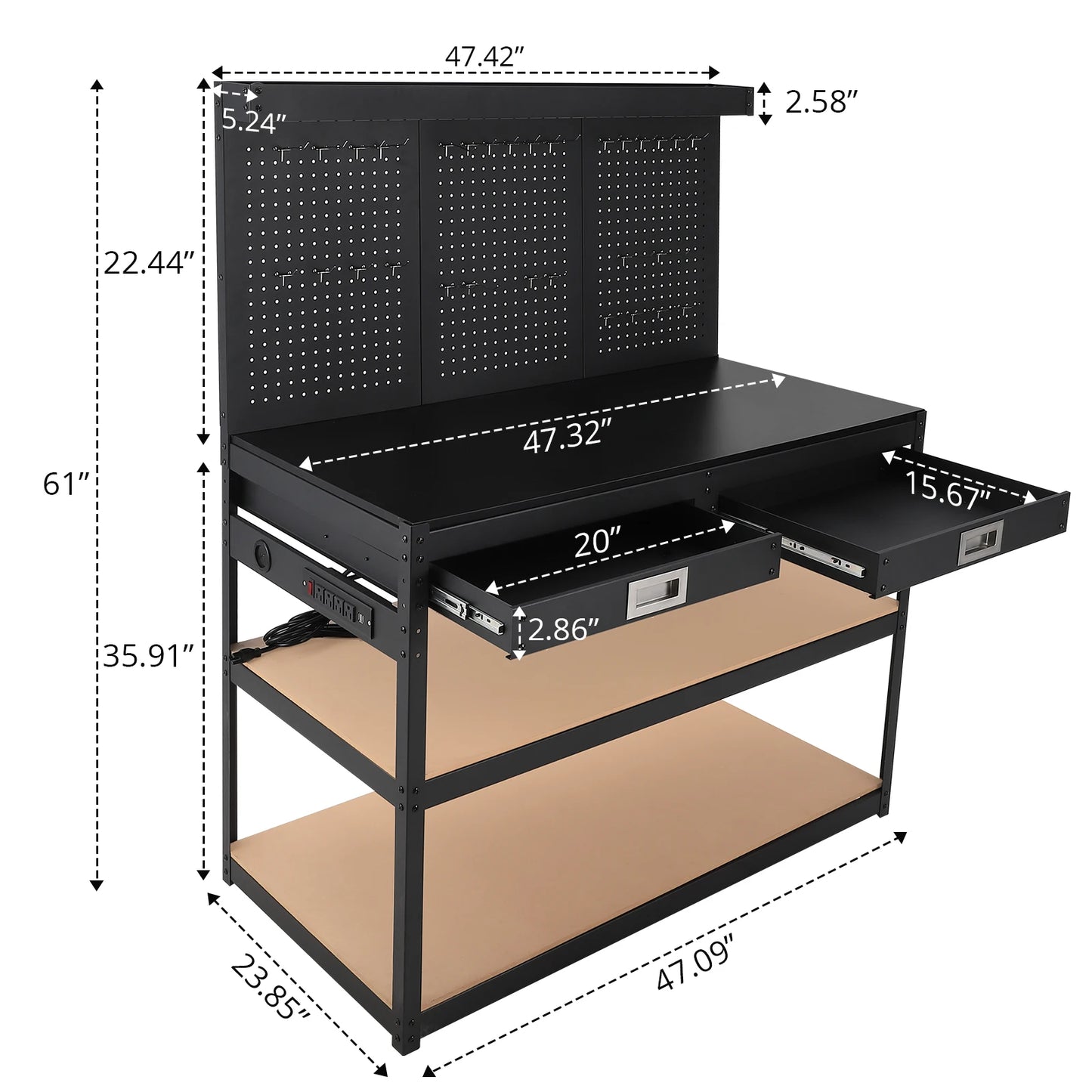 Steel Workbench for Garage Featuring Pegboard,1000lbs Capacity,and 4 AC Power Outlets