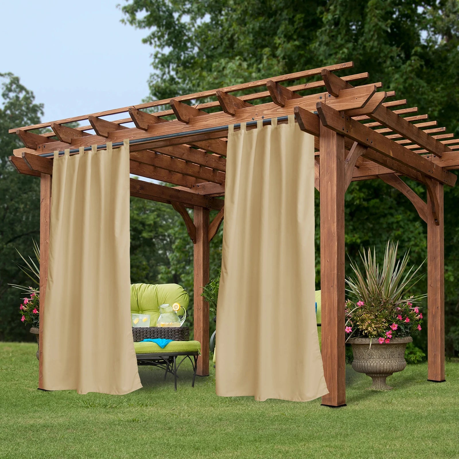 Beige Toile Outdoor Blackout Curtain - Thermal & Waterproof