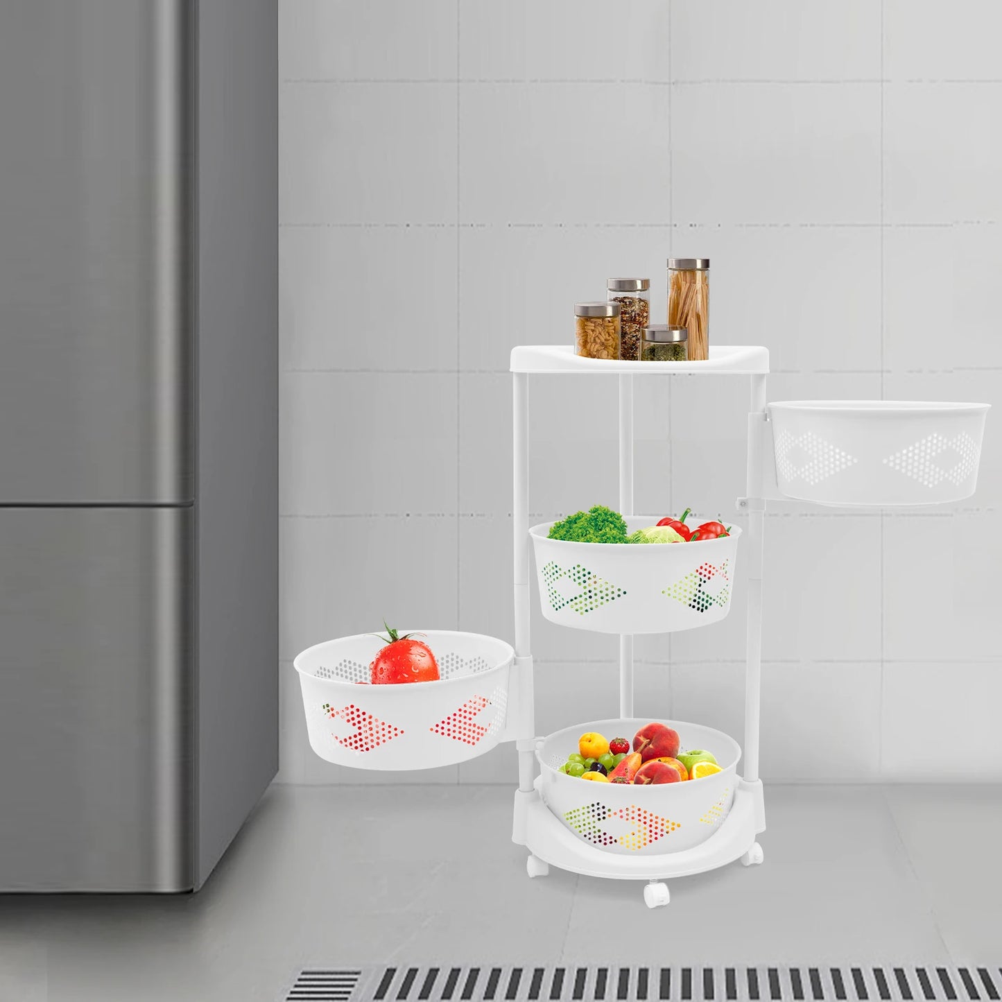 Cupboard Shelf with 5 Wheels, 4 Baskets for Storage