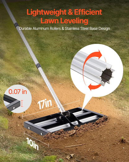 VEVOR Lawn Leveling Rake with Roller Stainless Steel Lawn Leveler with Adjustable Handle Effort Saving Lawn Level Tool for Yard