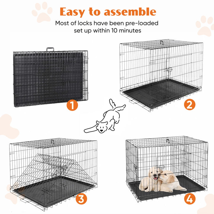 Double Door Folding Metal Wire Dog Cage - Secure Folding Crate