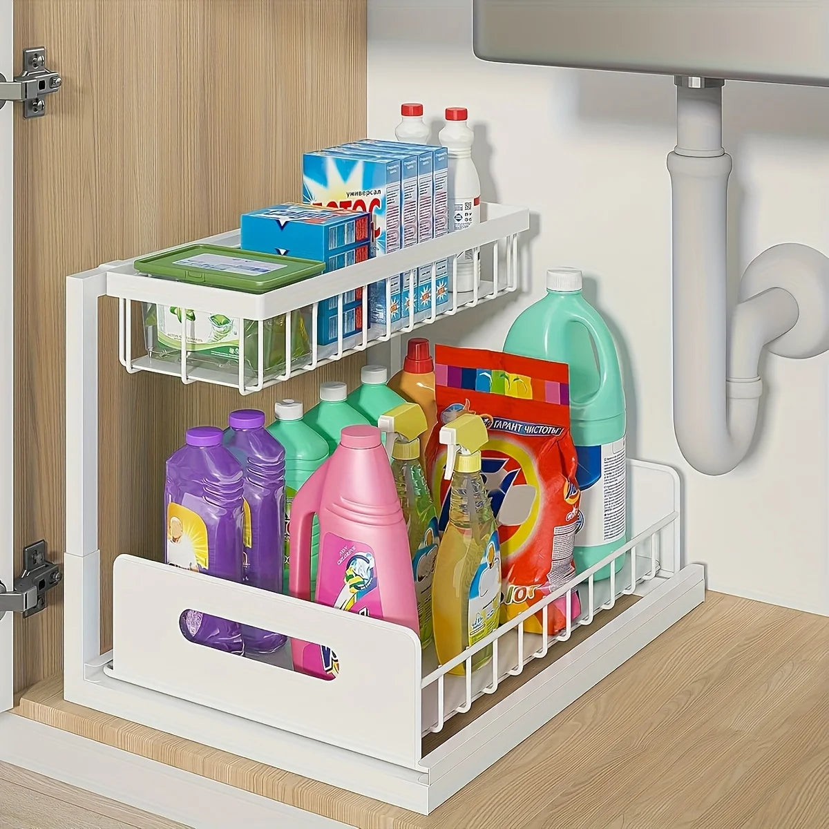 2-Tier Under Sink Organizer - Heavy Duty Plastic Pull Out Cabinet Storage Shelf, Waterproof Bathroom, Pantry, Refrigerator