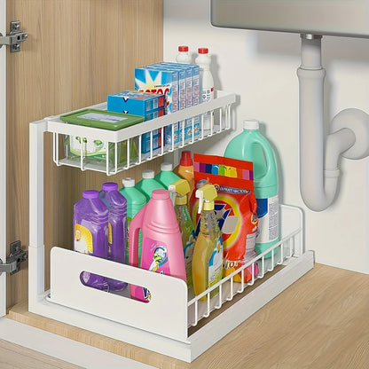 2-Tier Under Sink Organizer - Heavy Duty Plastic Pull Out Cabinet Storage Shelf, Waterproof Bathroom, Pantry, Refrigerator