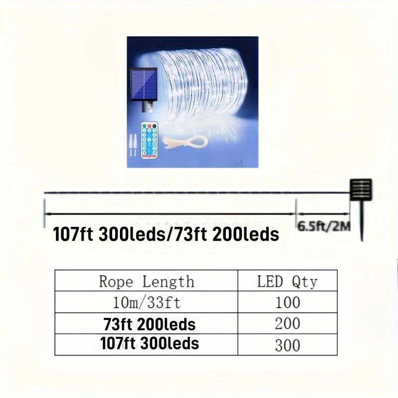 Solar Rope Lights, Waterproof IP65 String Lights, Solar Outdoor Lights, 8 Modes, Garden Christmas Lights
