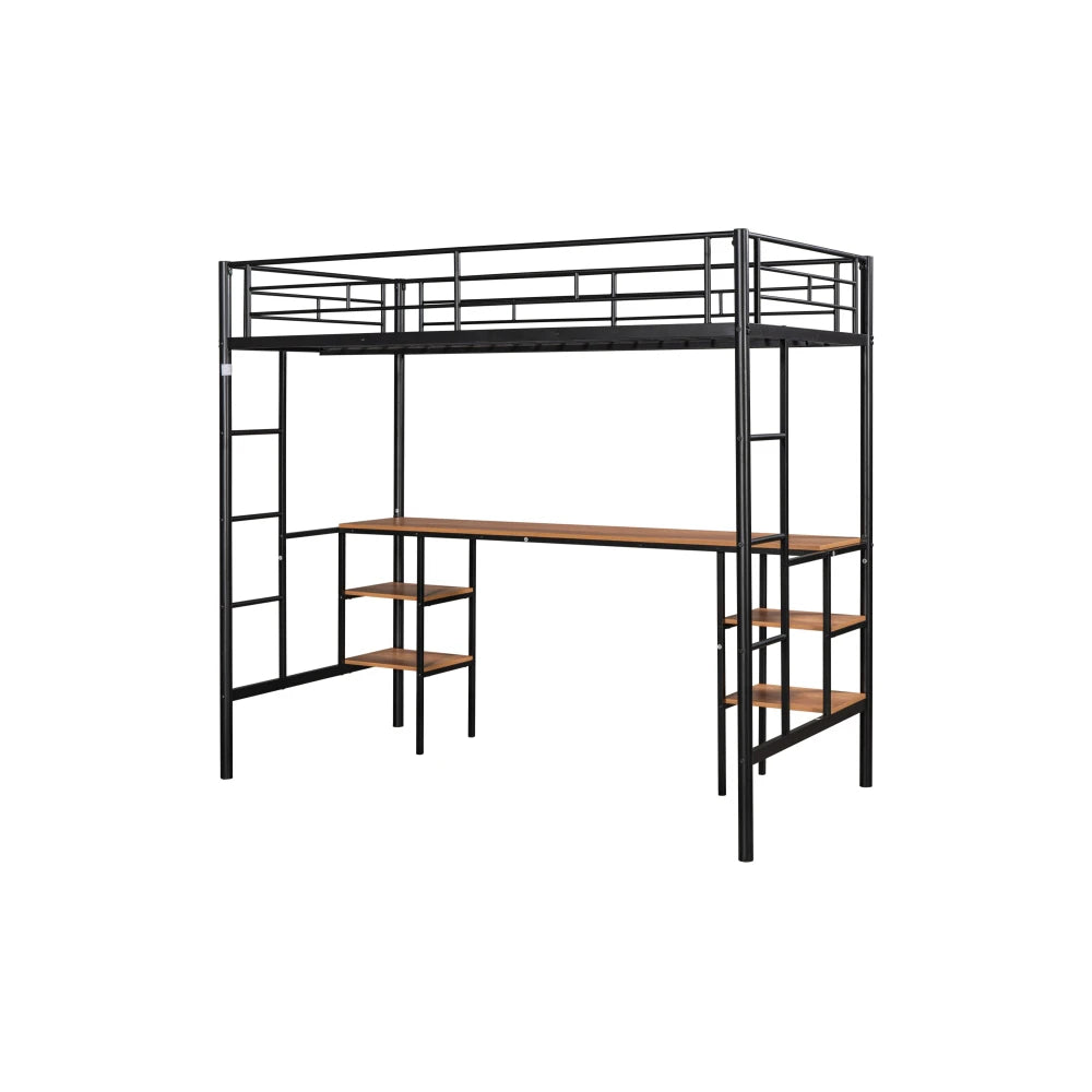 Twin Size Loft Bed with Desk - Built-in Table & Shelves