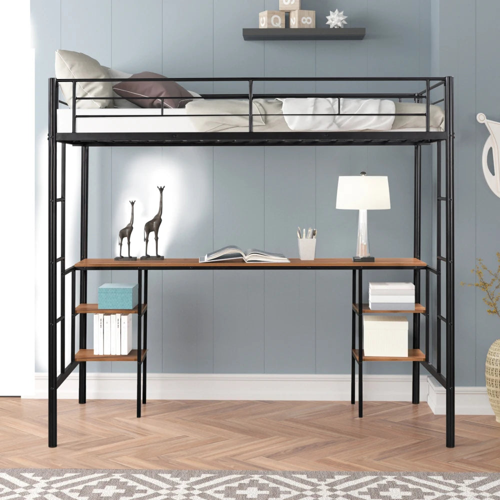 Twin Size Loft Bed with Desk - Built-in Table & Shelves