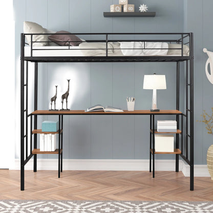 Twin Size Loft Bed with Desk - Built-in Table & Shelves
