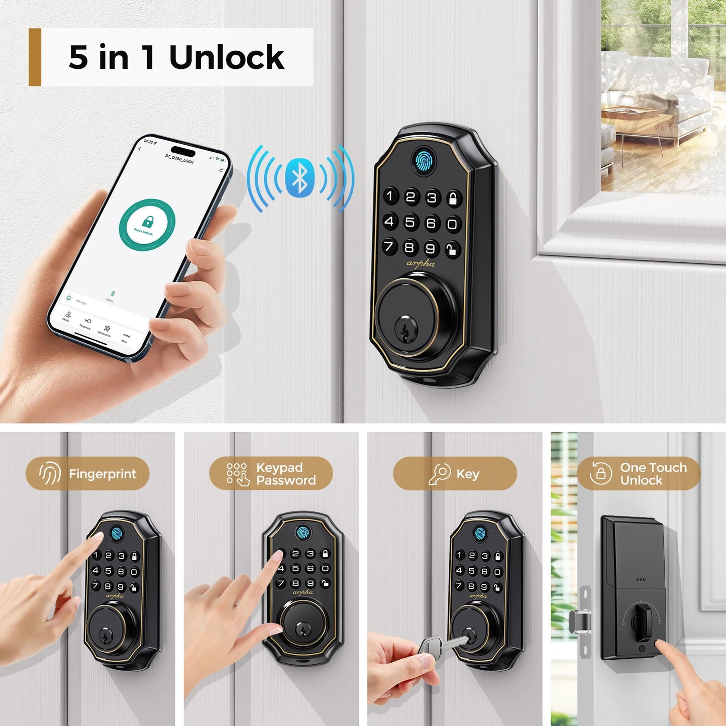 Arpha D280 Keyless Entry Door Lock 5-in-1 Smart Fingerprint Deadbolt w/Keypad