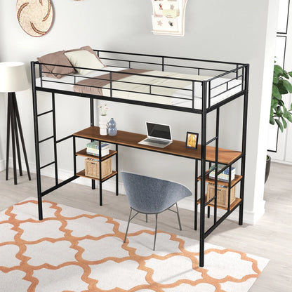 Twin Size Loft Bed with Desk - Built-in Table & Shelves