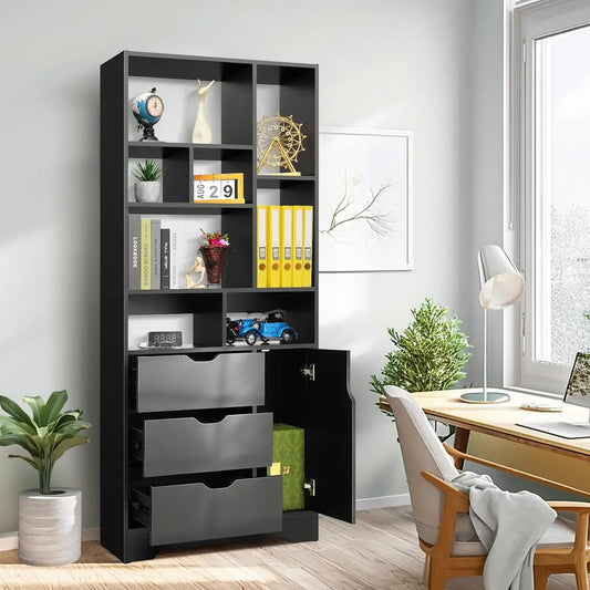 71 Inch Wooden Bookcase with 3 Drawers & Door