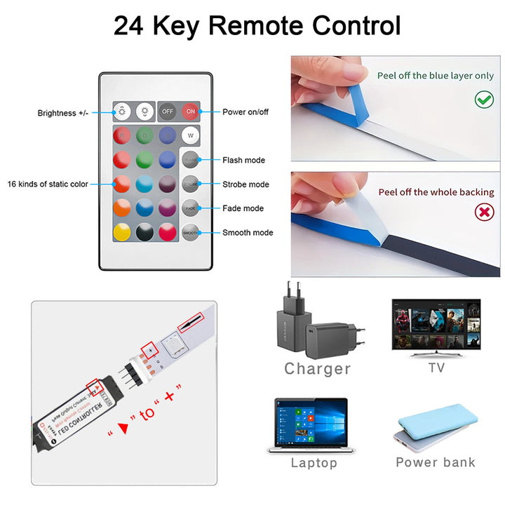 Led Strip Lights with Key Remote - 44 Key RGB Color Changing