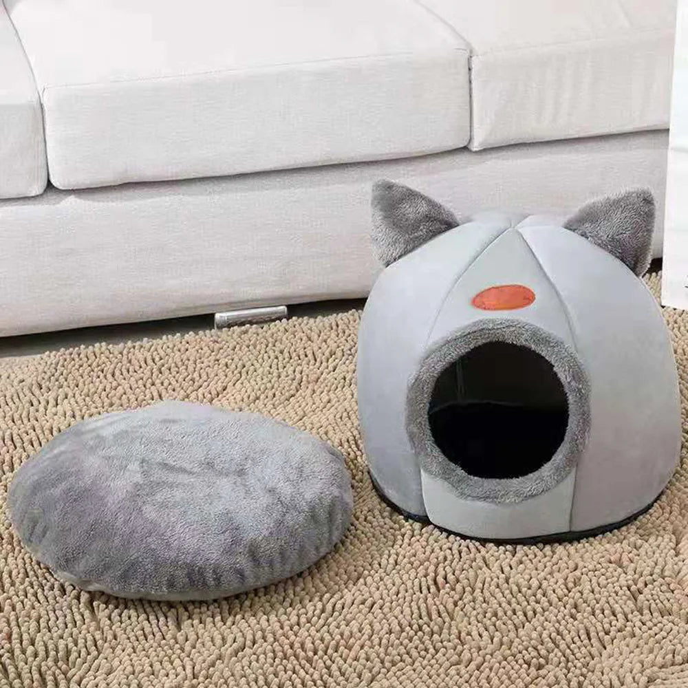 Pet bed with cat ears - Warm Plush Cat Condo & Dog Bed