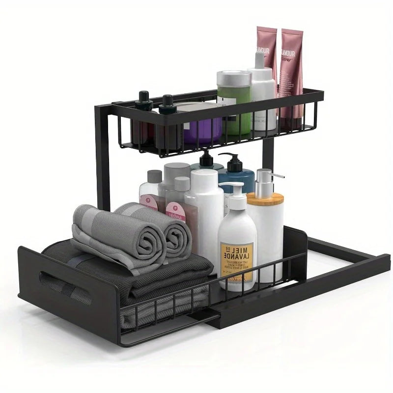 2-Tier Under Sink Organizer - Heavy Duty Plastic Pull Out Cabinet Storage Shelf, Waterproof Bathroom, Pantry, Refrigerator