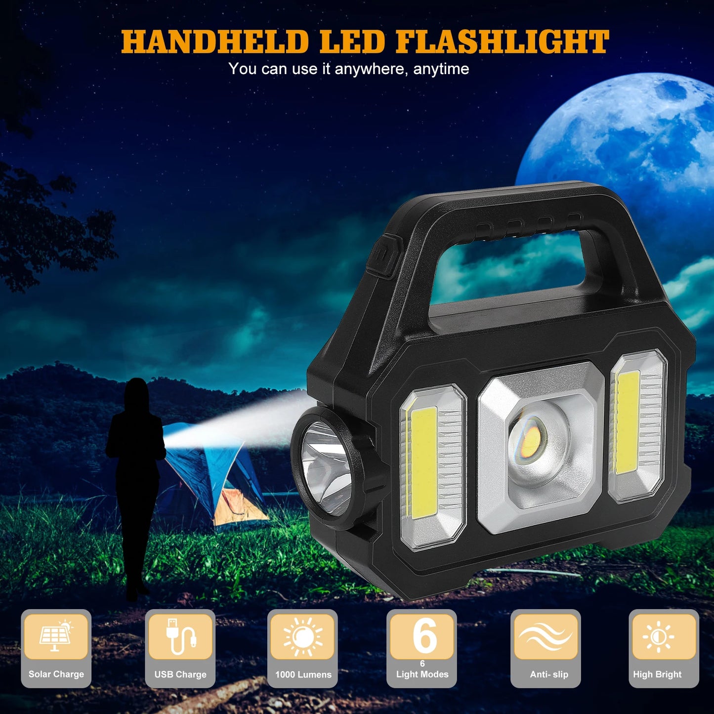 Solar-Powered LED Flashlight - Rechargeable with 6 Modes, Waterproof