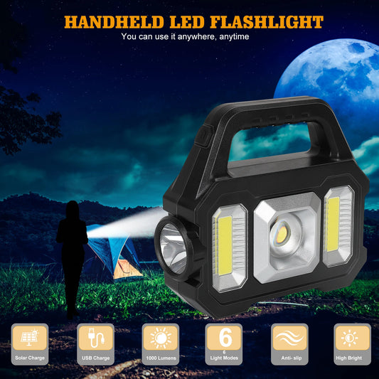 Solar-Powered LED Flashlight - Rechargeable with 6 Modes, Waterproof