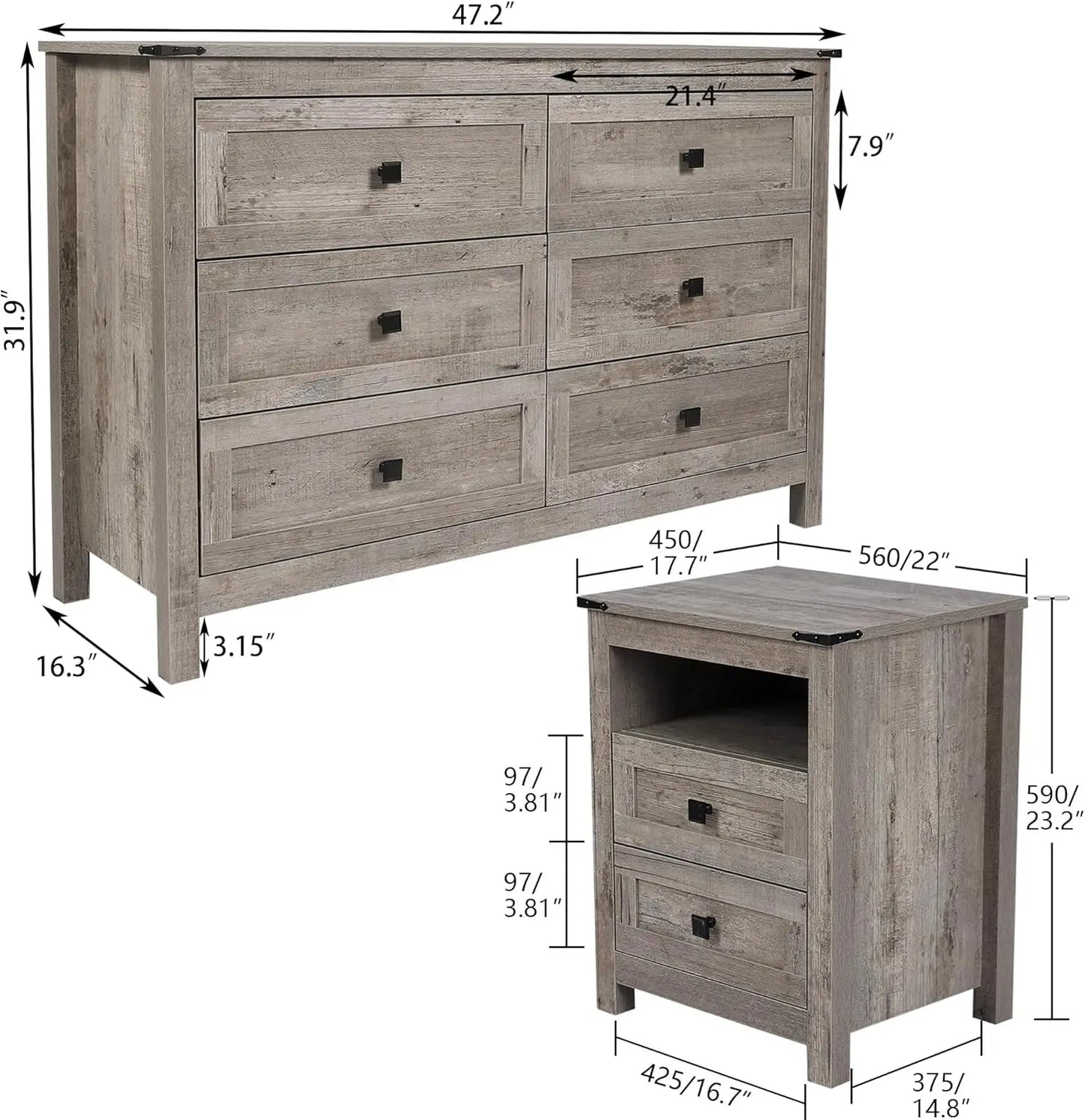 Farmhouse Bedroom Set: Rustic Grey 6-Drawer Double Dresser + Nightstands