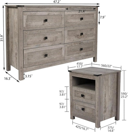 Farmhouse Bedroom Set: Rustic Grey 6-Drawer Double Dresser + Nightstands