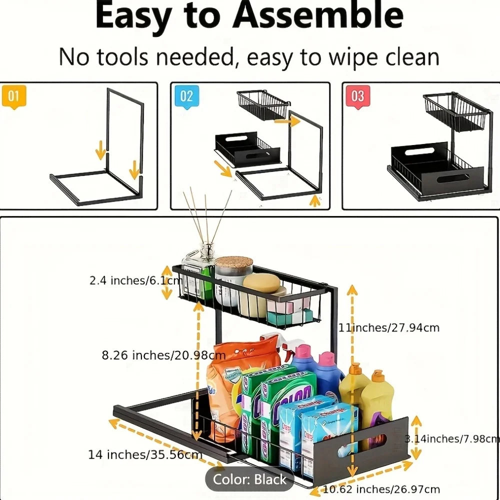 2-Tier Under Sink Organizer - Heavy Duty Plastic Pull Out Cabinet Storage Shelf, Waterproof Bathroom, Pantry, Refrigerator
