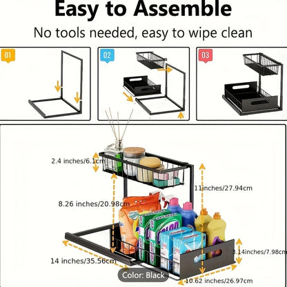 2-Tier Under Sink Organizer - Heavy Duty Plastic Pull Out Cabinet Storage Shelf, Waterproof Bathroom, Pantry, Refrigerator