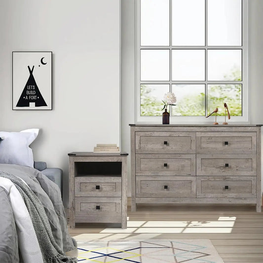 Farmhouse Bedroom Set: Rustic Grey 6-Drawer Double Dresser + Nightstands