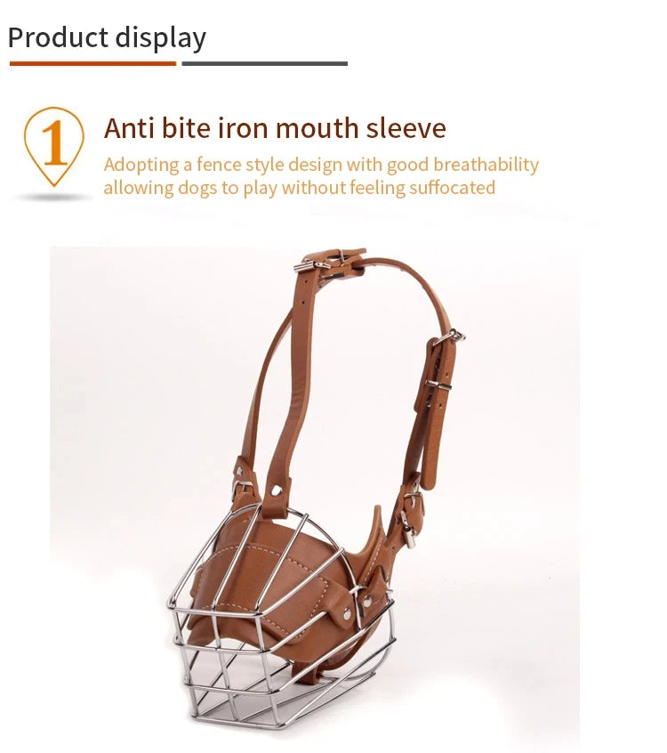 Dog Muzzle Anti Biting Mouth Mask - Leather & Metal Design