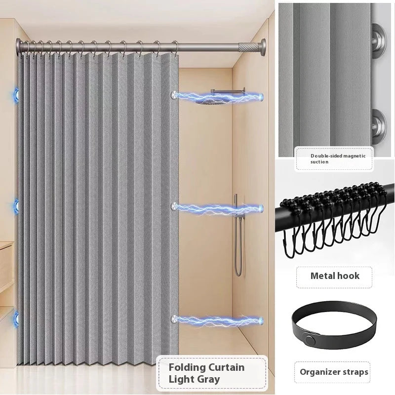 Bathroom Folding Linen Shower Curtain - Magnetic & Waterproof