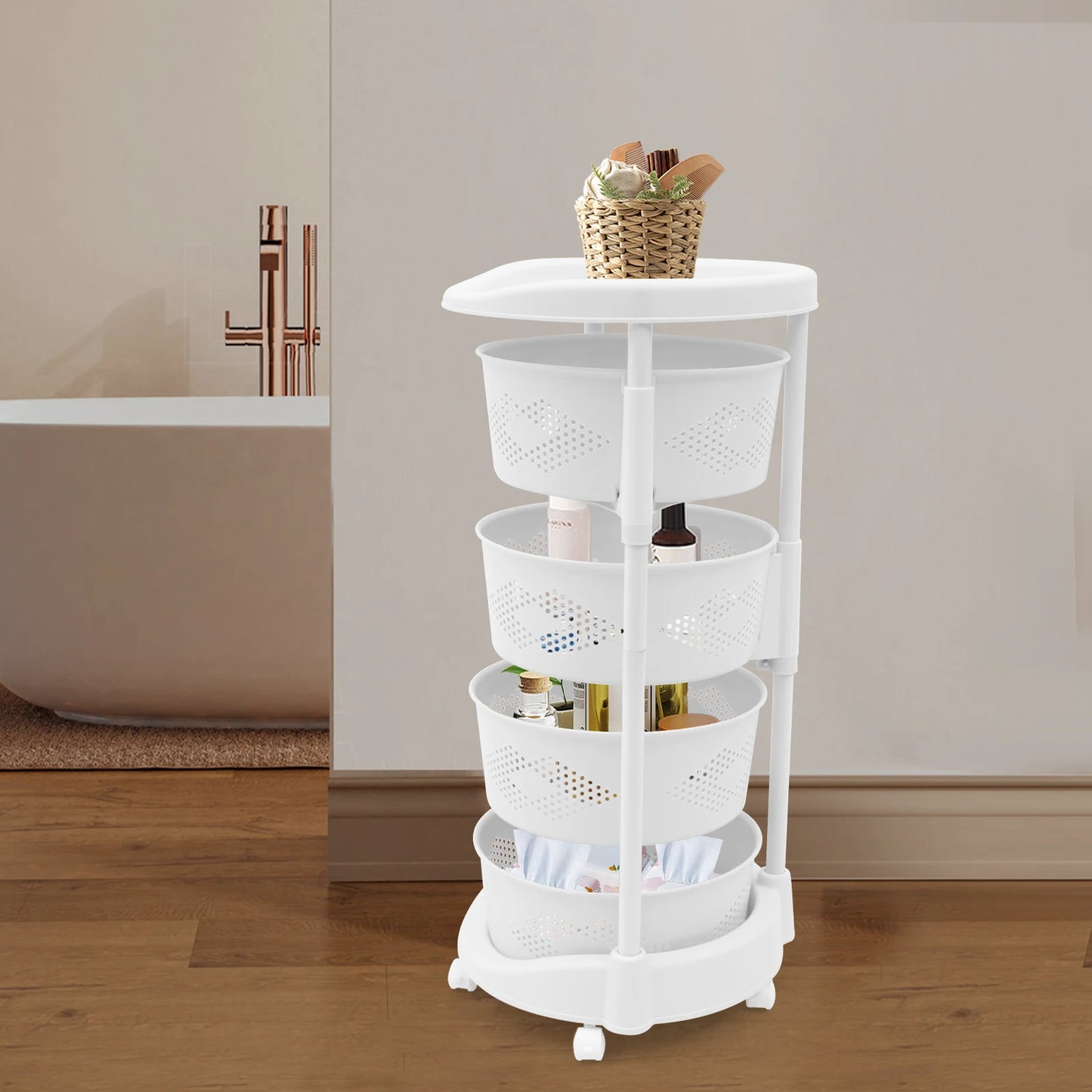 Cupboard Shelf with 5 Wheels, 4 Baskets for Storage