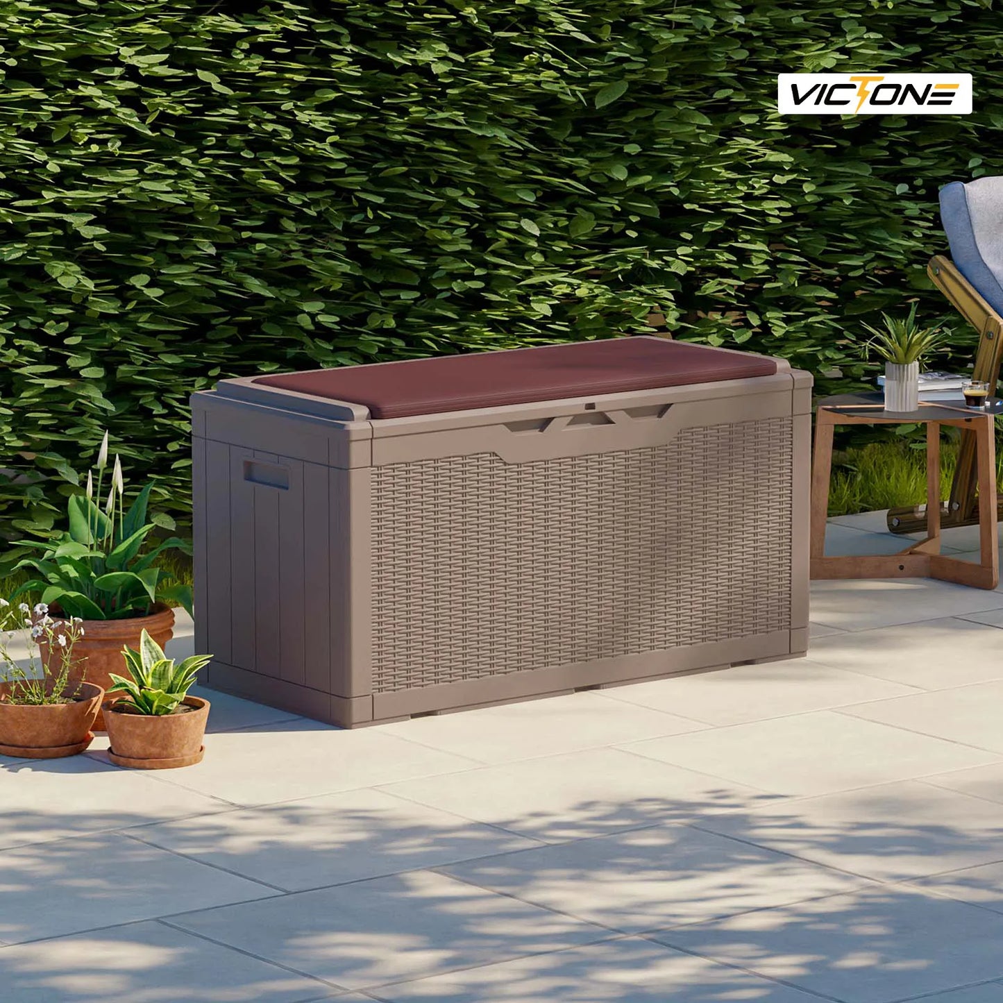 Resin Deck Box with cushion, Waterproof Storage Box w/Padlock