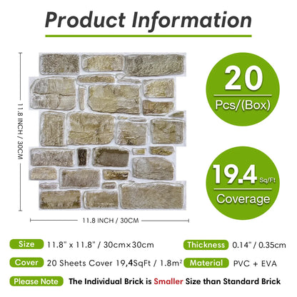 20 pcs 3D Faux Stone Adhesive Wall Panels