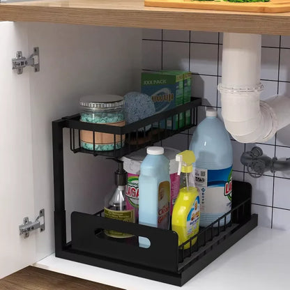 2-Tier Under Sink Organizer - Heavy Duty Plastic Pull Out Cabinet Storage Shelf, Waterproof Bathroom, Pantry, Refrigerator