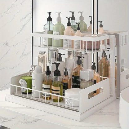2-Tier Under Sink Organizer - Heavy Duty Plastic Pull Out Cabinet Storage Shelf, Waterproof Bathroom, Pantry, Refrigerator