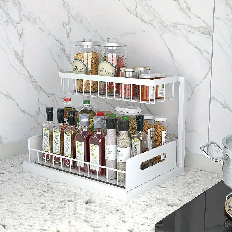 2-Tier Under Sink Organizer - Heavy Duty Plastic Pull Out Cabinet Storage Shelf, Waterproof Bathroom, Pantry, Refrigerator