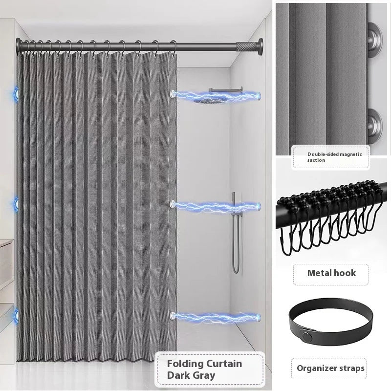Bathroom Folding Linen Shower Curtain - Magnetic & Waterproof