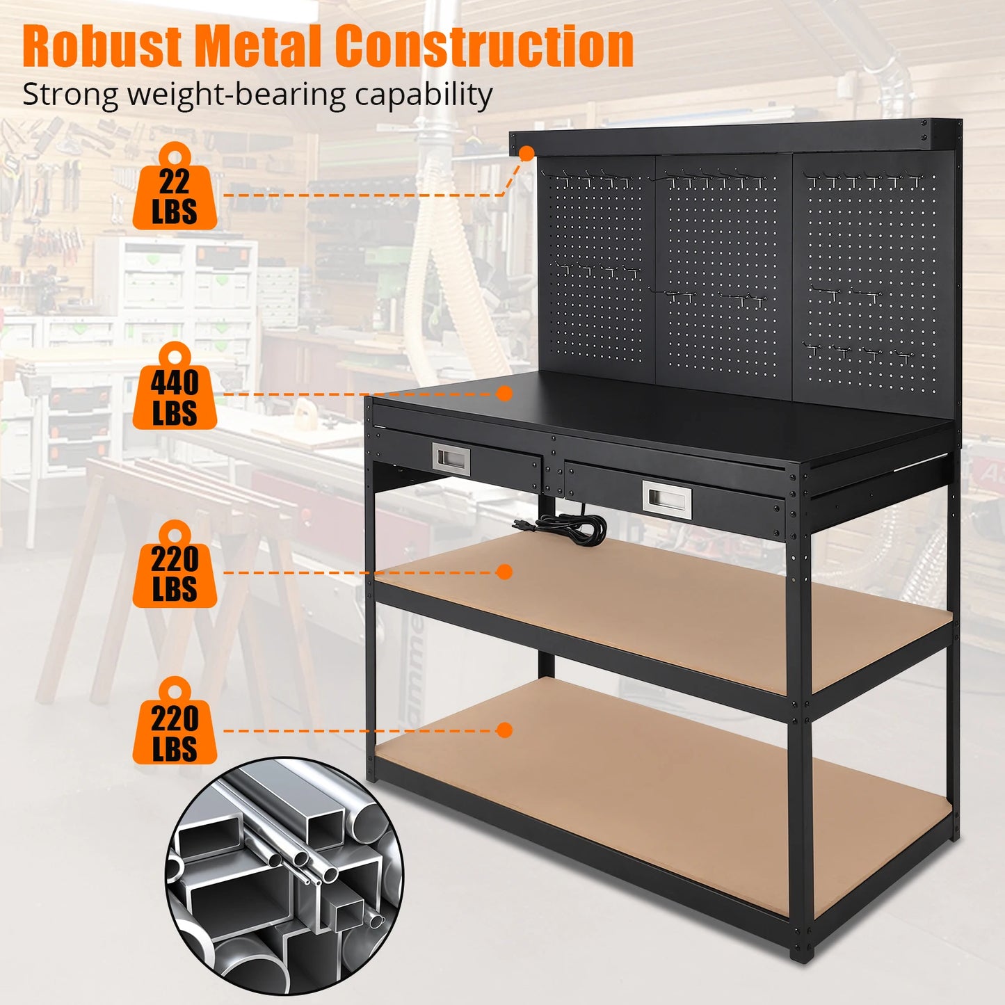 Steel Workbench for Garage Featuring Pegboard,1000lbs Capacity,and 4 AC Power Outlets
