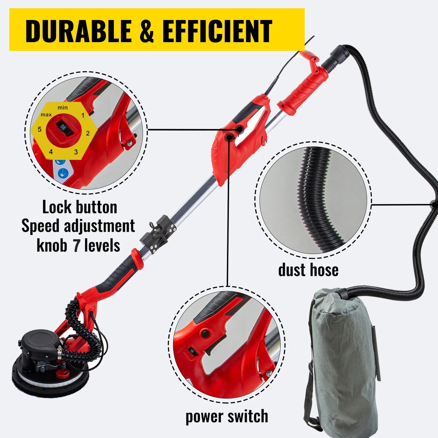 VEVOR 850W Drywall Sander Variable Speed 800-1750 RPM with Telescope Handle