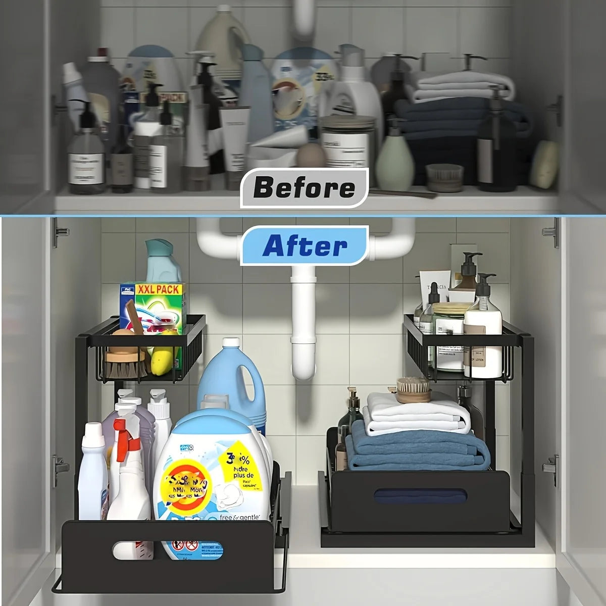2-Tier Under Sink Organizer - Heavy Duty Plastic Pull Out Cabinet Storage Shelf, Waterproof Bathroom, Pantry, Refrigerator