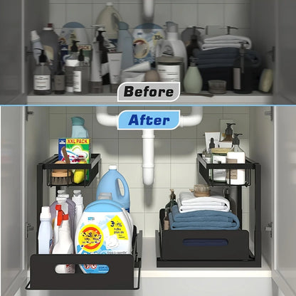 2-Tier Under Sink Organizer - Heavy Duty Plastic Pull Out Cabinet Storage Shelf, Waterproof Bathroom, Pantry, Refrigerator