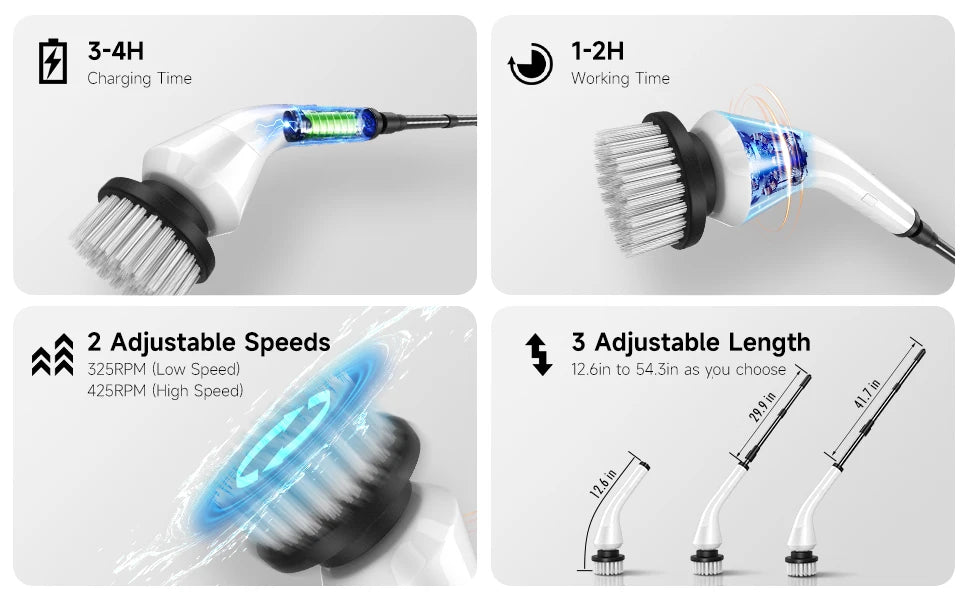 Electric scrubber with 8 Replaceable Brush Heads & Detachable Extension Handle