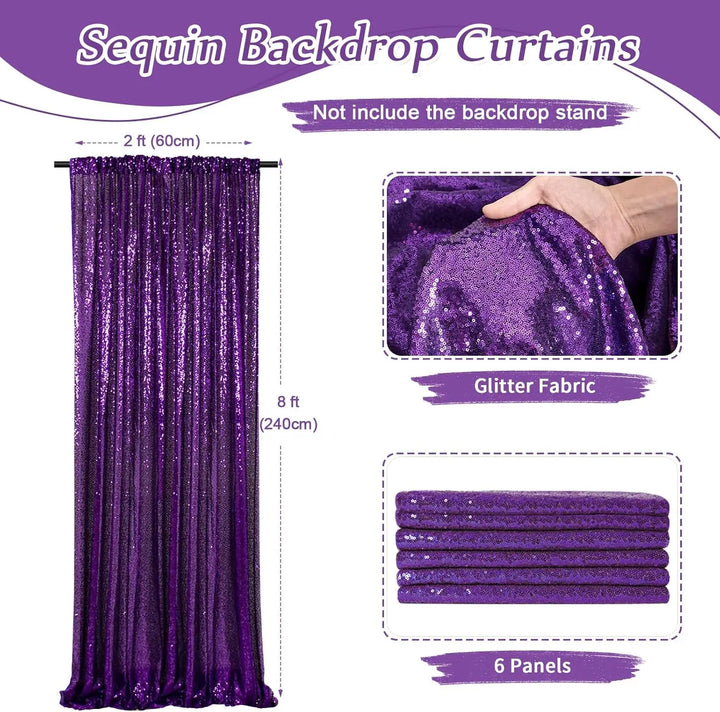 Purple Sequin Backdrop Curtains - 6 Pcs Glitter Party Drapes