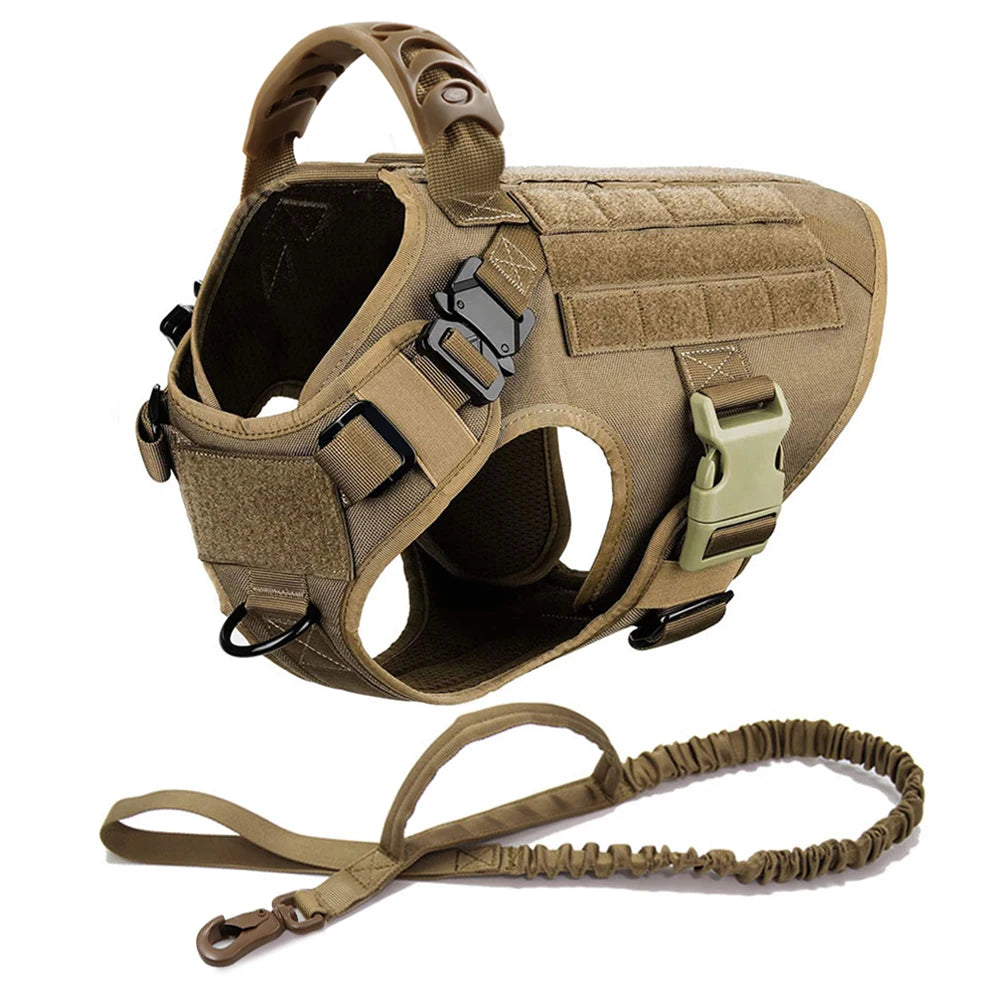 Large Dog Harness And Leash Set - Heavy Duty Tactical Vest in tan color with padded design and quick-release clasp.