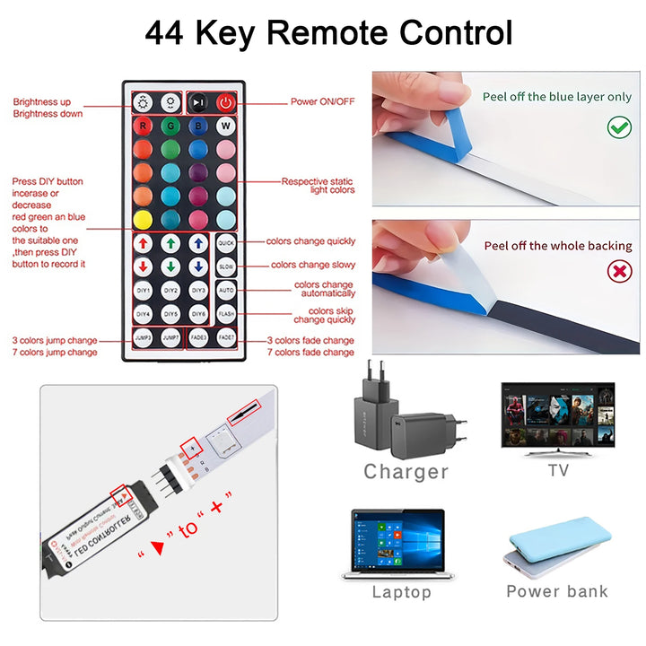 Led Strip Lights with Key Remote - 44 Key RGB Color Changing