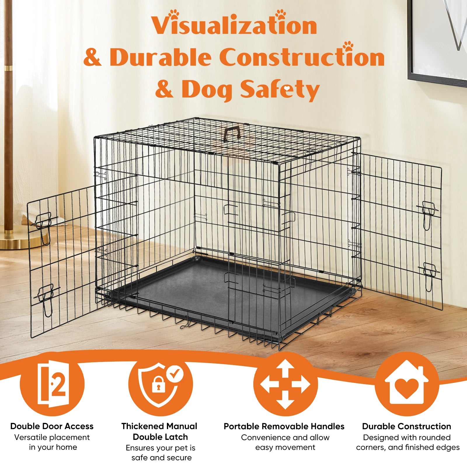Double Door Folding Metal Wire Dog Cage - Secure Folding Crate