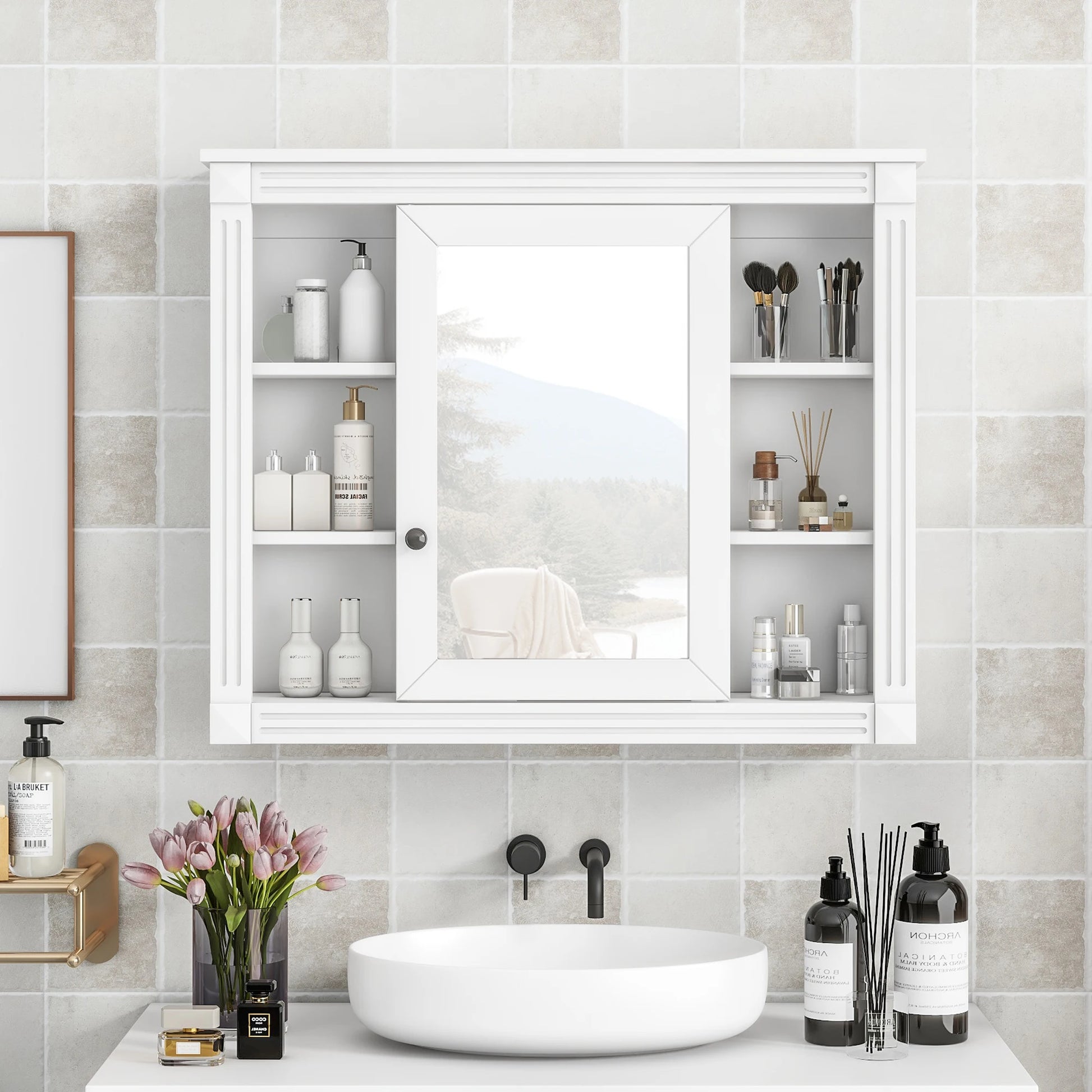 35 Inch Bathroom Wall Cabinet - Modern Mirror & 6 Shelves