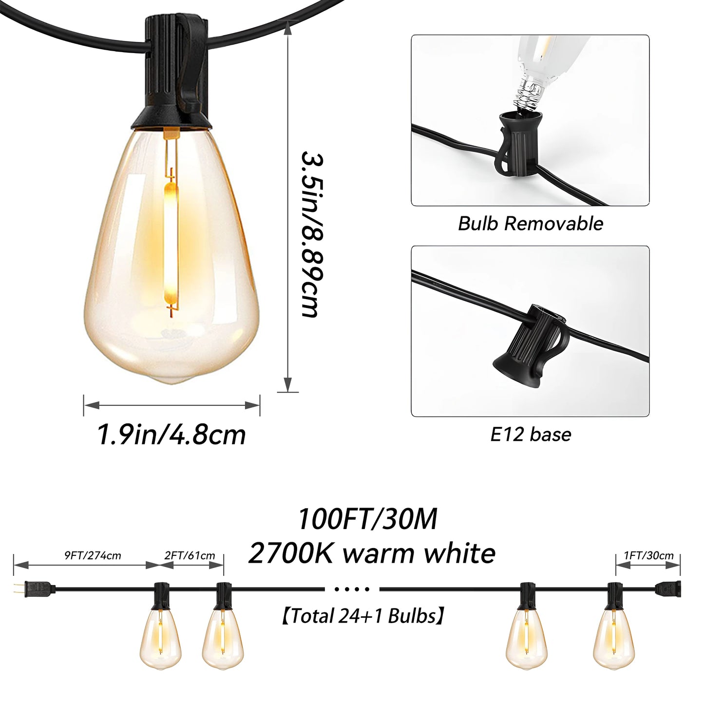 100ft Outdoor String Lights Waterproof,  with 24 Edison Vintage Bulbs