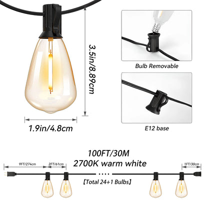 100ft Outdoor String Lights Waterproof,  with 24 Edison Vintage Bulbs