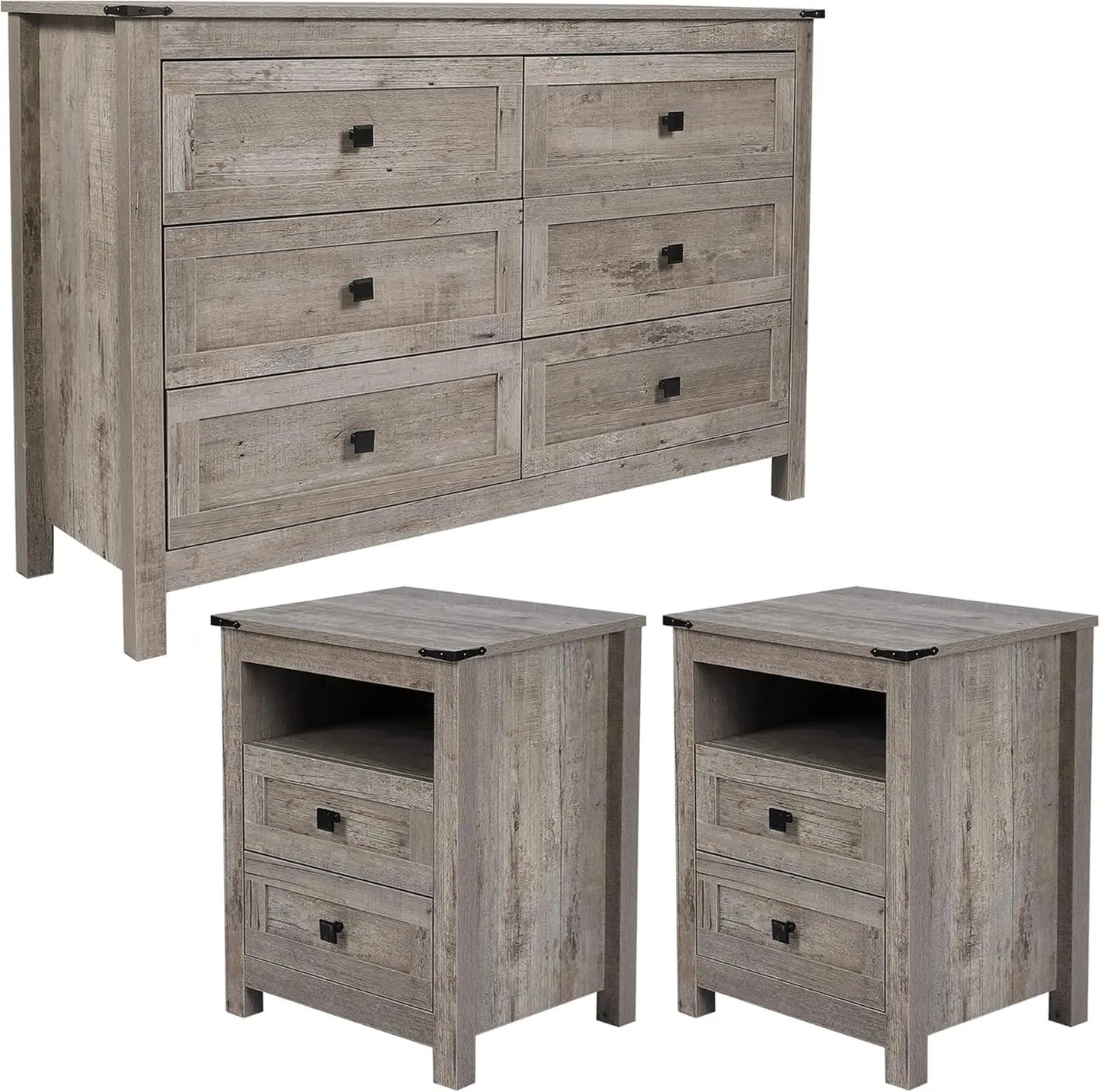 Farmhouse Bedroom Set: Rustic Grey 6-Drawer Double Dresser + Nightstands