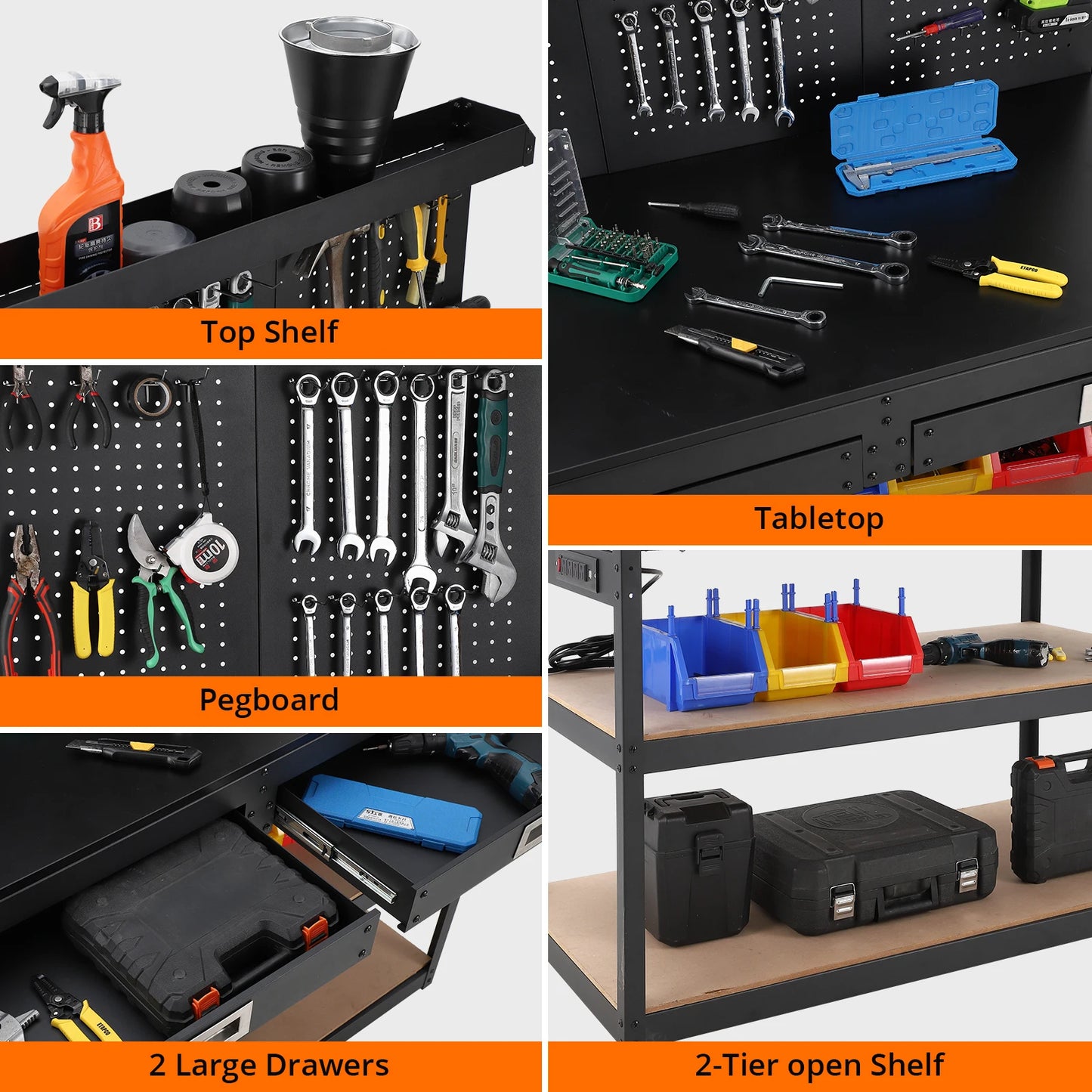 Steel Workbench for Garage Featuring Pegboard,1000lbs Capacity,and 4 AC Power Outlets