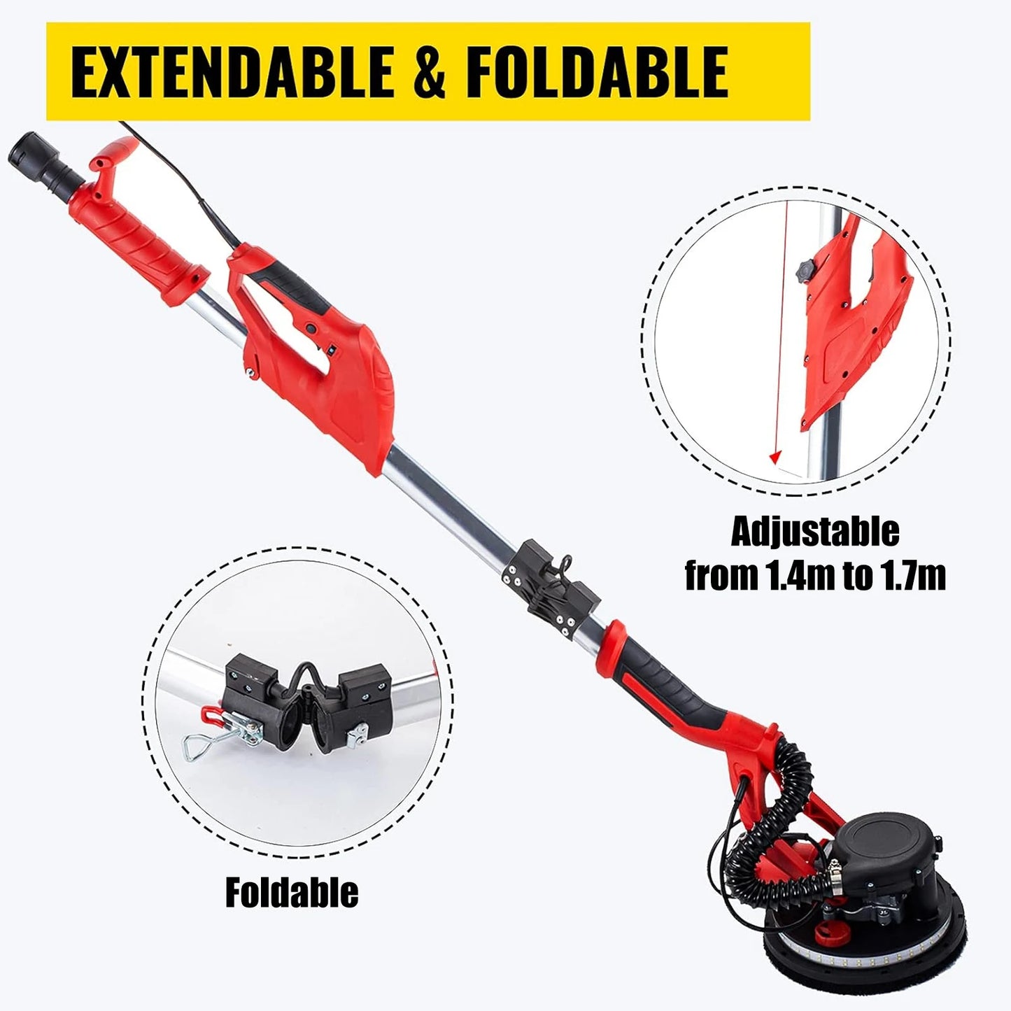VEVOR 850W Drywall Sander Variable Speed 800-1750 RPM with Telescope Handle