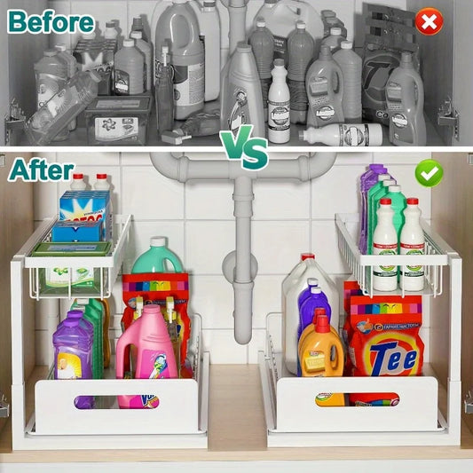 2-Tier Under Sink Organizer - Heavy Duty Plastic Pull Out Cabinet Storage Shelf, Waterproof Bathroom, Pantry, Refrigerator